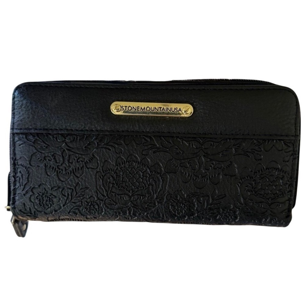 Stone Mountain USA Black Embossed Floral Zip Around Wallet Organizer